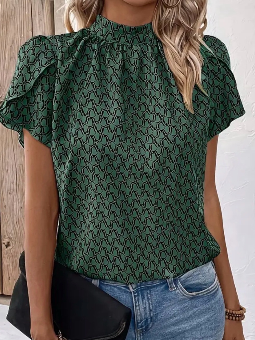 Emerald Geo Flutter-Sleeve Blouse with Mock Neck
